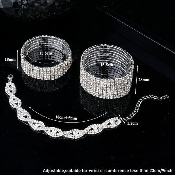 ✨ Fibo Steel Stretch Bracelets Women Silver Rhinestone Sparkly Tennis Jewelry - Picture 3 of 6